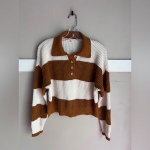 SO Striped V-Neck Collared Sweater - Cream & Brown